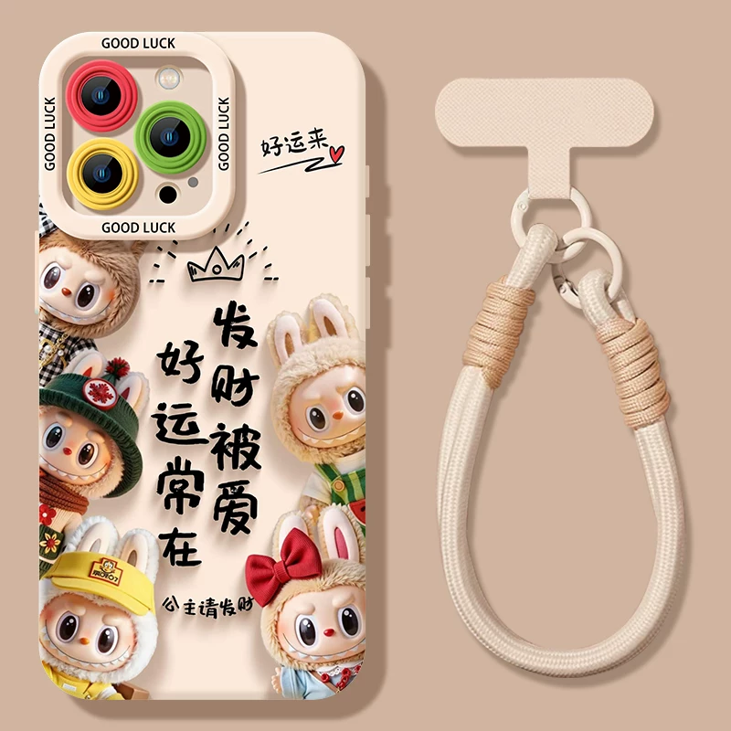Compatible with Apple iPhone 17 Pro Max (New Model) / 16 / 15 Pro Max / 13 Pro / 12 / 12 Pro Max — Cute "Labubu" Design, Full-Coverage Silicone Case with Lanyard Chain. Fresh & Stylish Look. Shockproof Protection. Suitable for Men and Women.